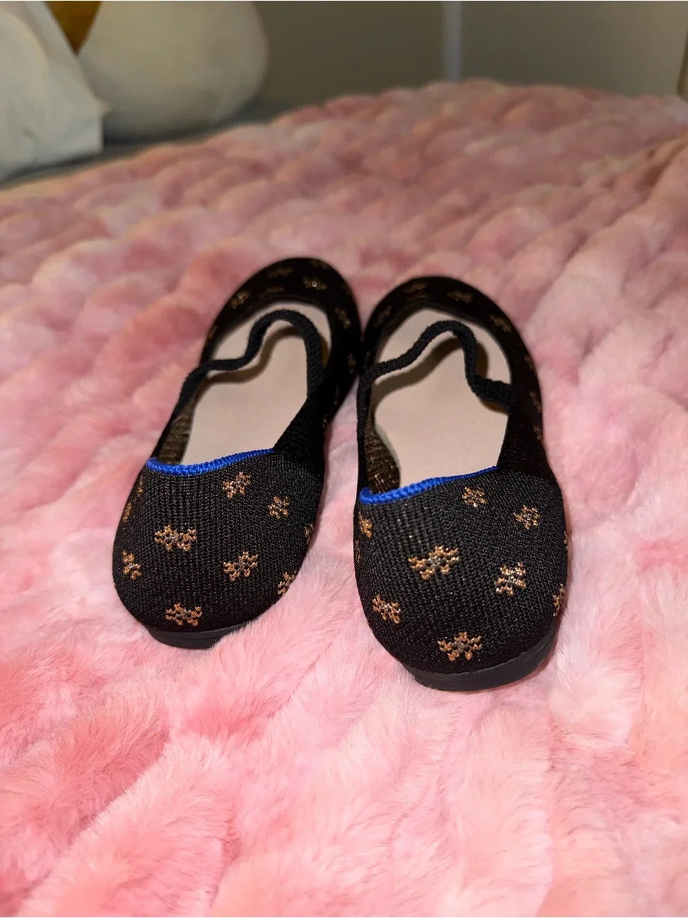 Rothy's Black Knit Mary Jane Flats with Gold Floral Dots and Blue Trim